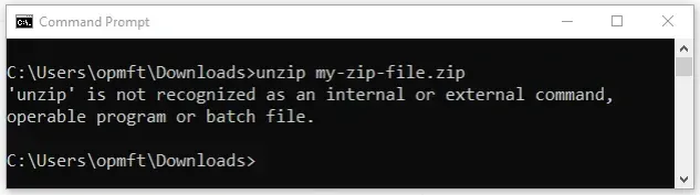 unzip is not recognized as internal or external command