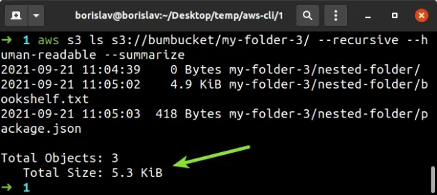 aws cli total size of folder