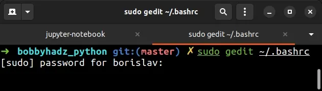 edit bashrc using gedit