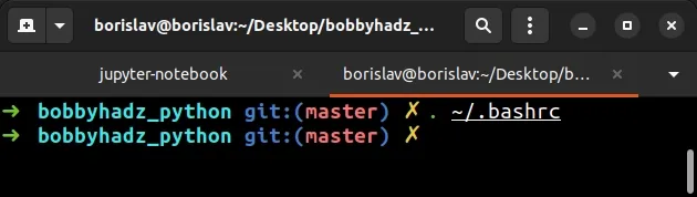 using dot bashrc command instead