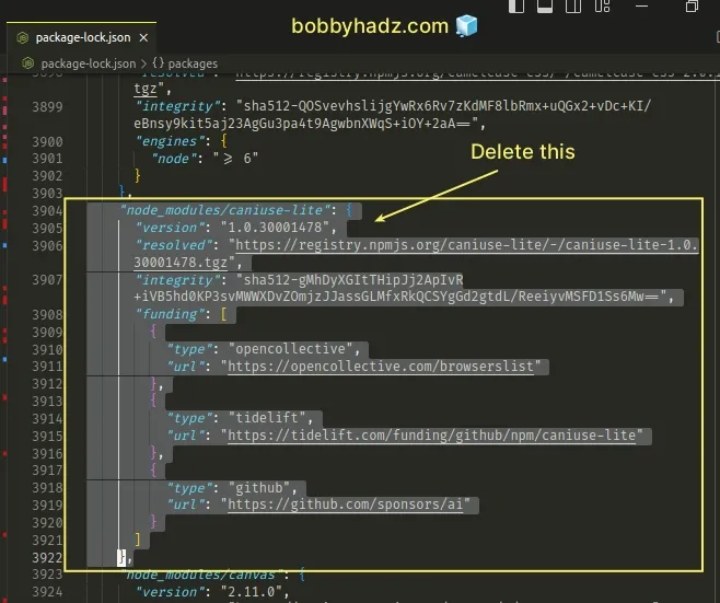 delete only caniuse lite entry from package lock