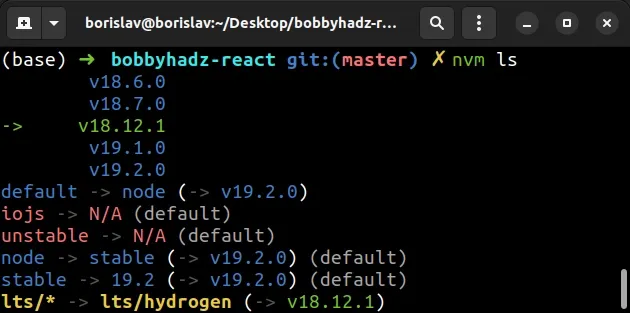 nvm list installed versions