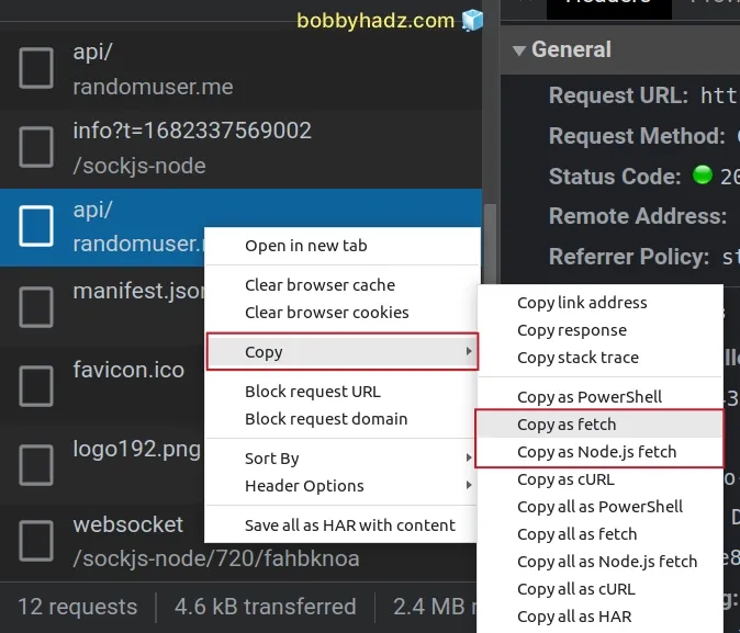 copy request as fetch or copy as node fetch