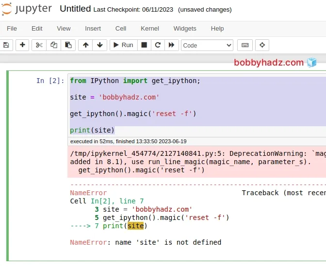 using reset command with import statement