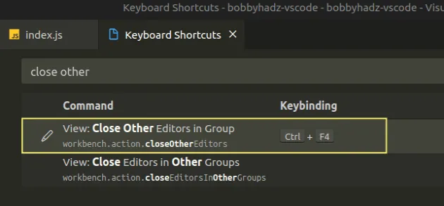 set custom keyboard shortcut close other tabs