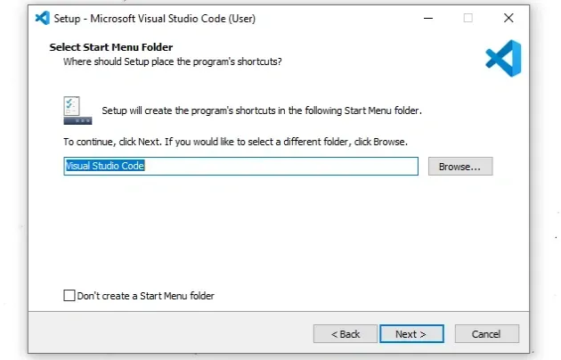 vscode select start menu folder