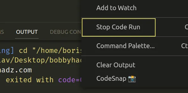 right click select stop code run