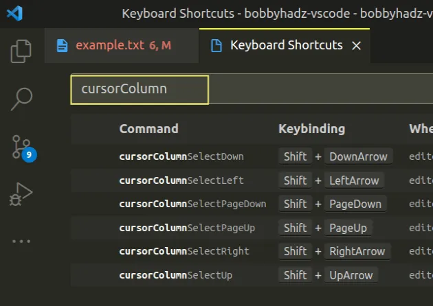 view keyboard shortcuts for column select