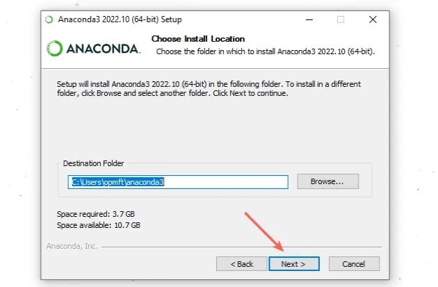 anaconda select destination folder