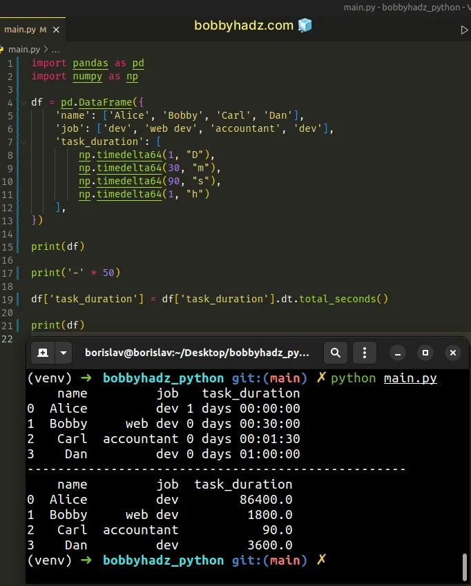 convert timedelta64 column to seconds and update dataframe