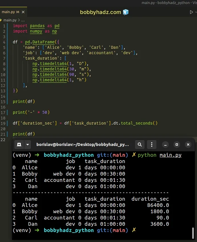 convert timedelta64 ns column to seconds add new column