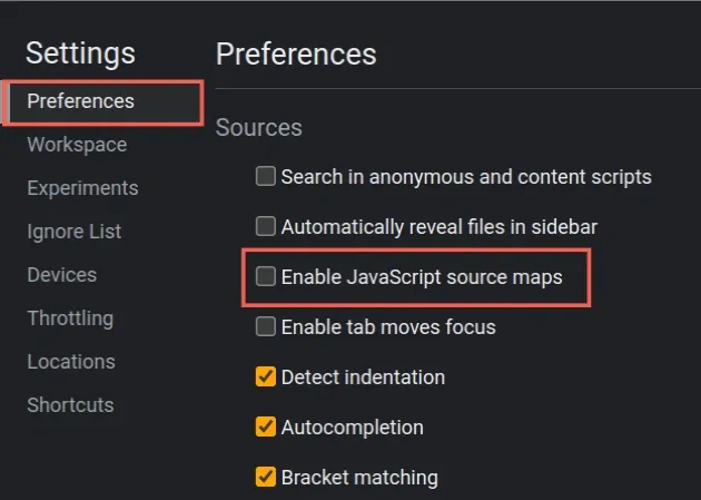 disable javascript source maps