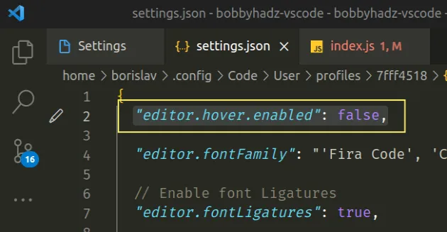 disable hover hints settings json