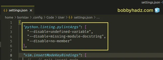 disable pylint warnings in vscode settings json