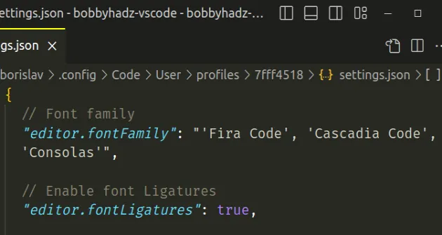 enable ligatures in settings json
