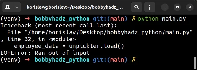 eoferror ran out of input in python with pickle