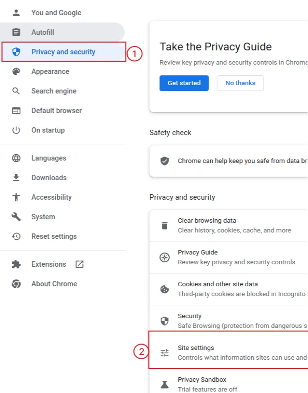 click privacy and security and then click site settings