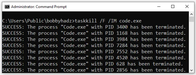 stop vscode processes with taskkill on windows