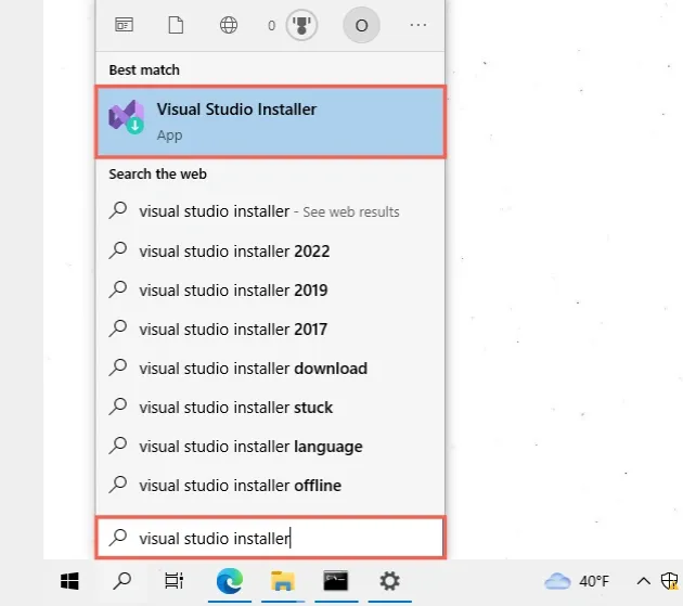 search visual studio installer