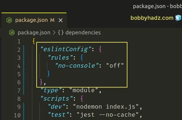 disable no console rule in package json config