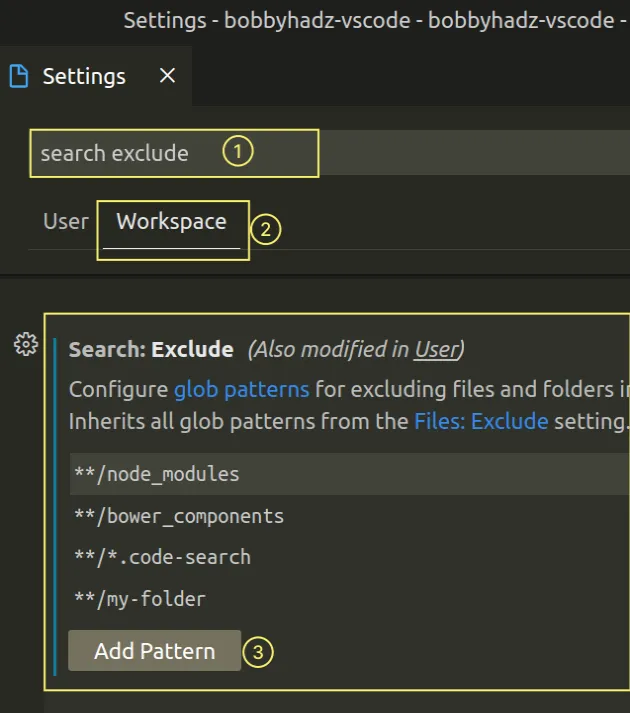 exclude folders from search in workspace