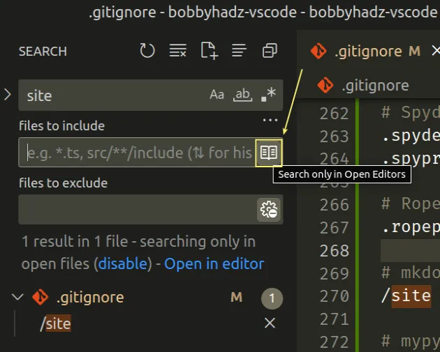 search only in open editors