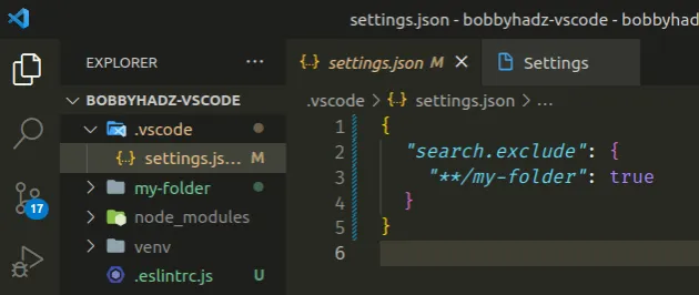 view exclude patterns in vscode settings json