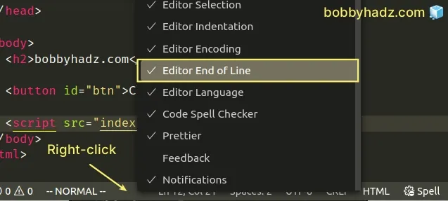 right click select editor end of line