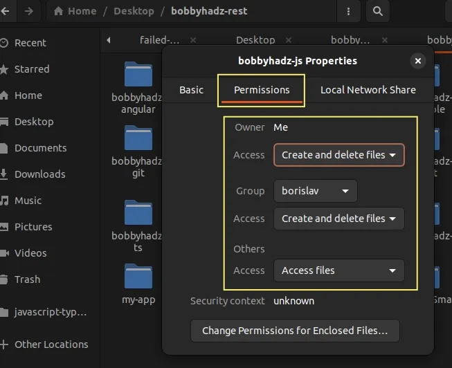 change permissions using gui on linux