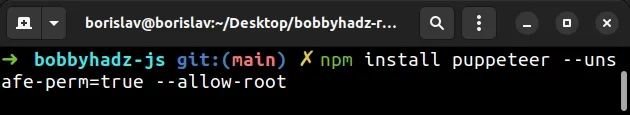 install puppeteer using allow root flag
