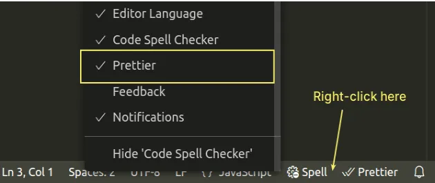 right click on status bar to show prettier