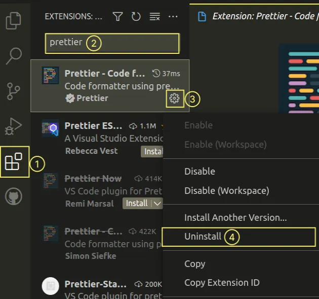 uninstall prettier extension