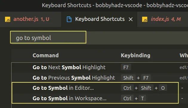 set custom keyboard shortcuts for go to symbol