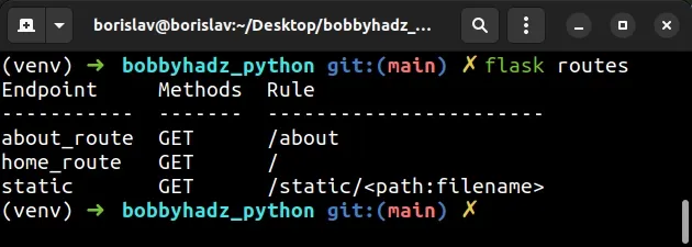 list all routes defined in flask app using command line