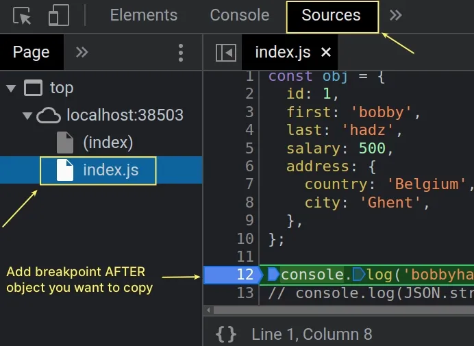 copy object or array when debugging chrome