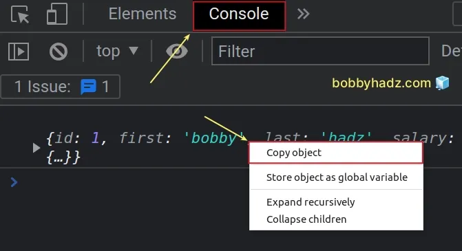 select console tab and copy object or array