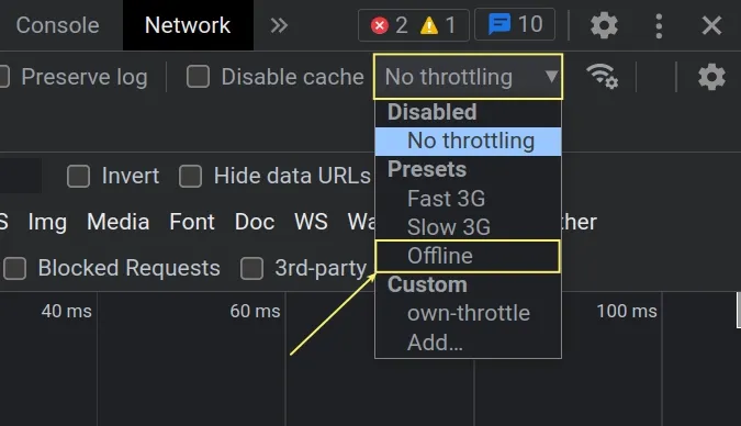 click no throttling and select offline