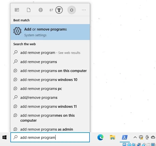 windows search add remove program