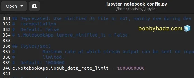 uncomment line and increase iopub data rate