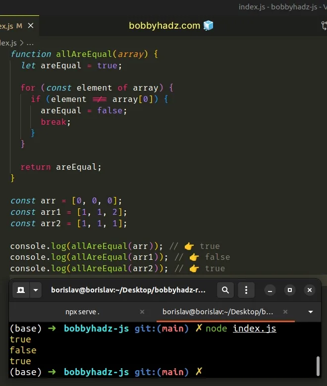 check if all values in array are equal using for of loop