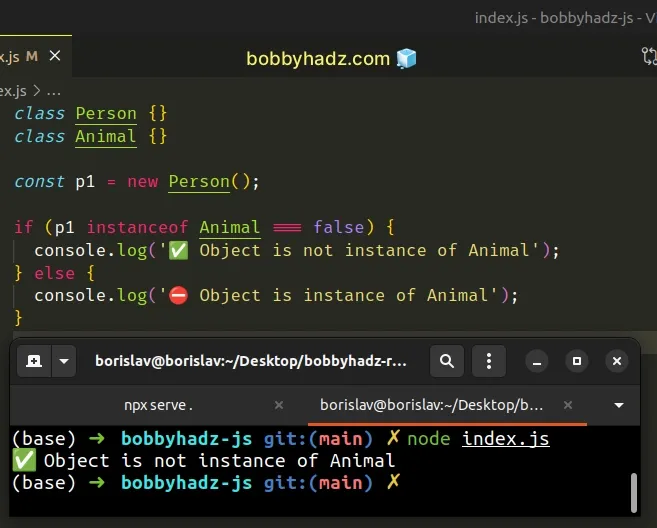check if object is not instance of class using boolean comparison