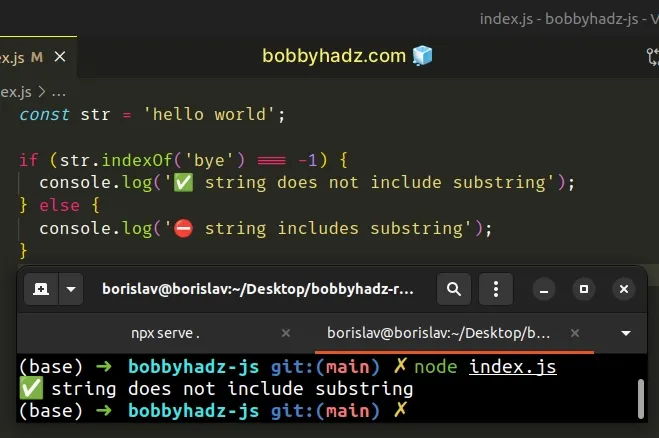 check if string does not contain substring using indexof