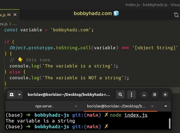 check if variable is string using object prototype tostring call