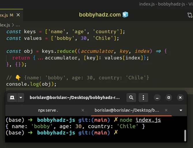 create object from two arrays using array reduce