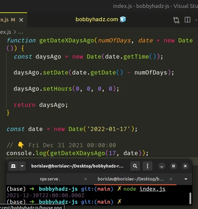 get date of x days and reset it to midnight