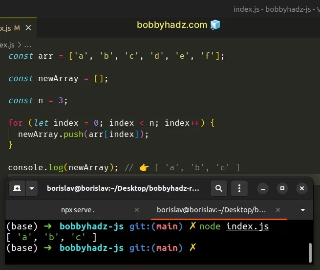 get first n elements of array using for loop