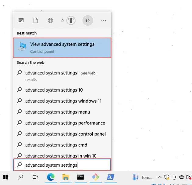 type advanced system settings