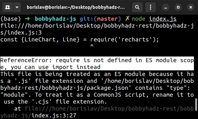 node js require is not defined in es module scope you can use import instead