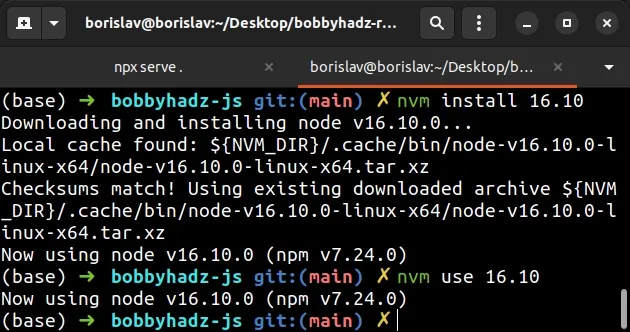 nvm install and use 16 10