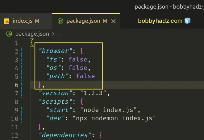 set browser fs property to false in package json